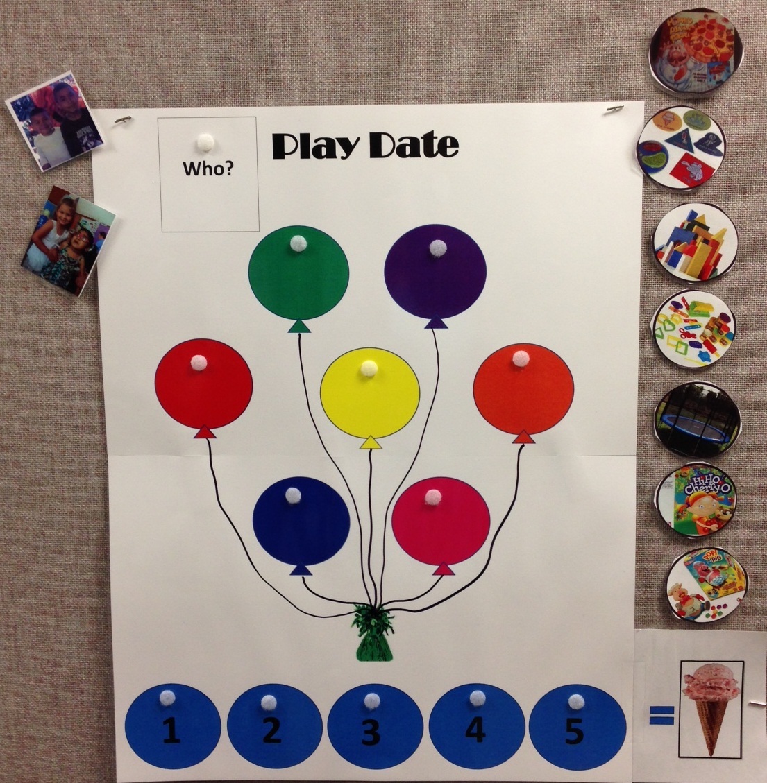 Play Date poster with balloons to hold pictures of activities that children on a play date can choose to do. Along the bottom are circles to place the activities in the order the children choose. On the left are pictures of the children who will be playing.